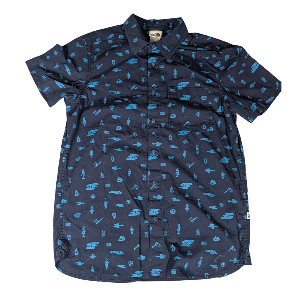 The North Face Mens Short Sleeve Button Down Camping Print Shirt Navy Teal M